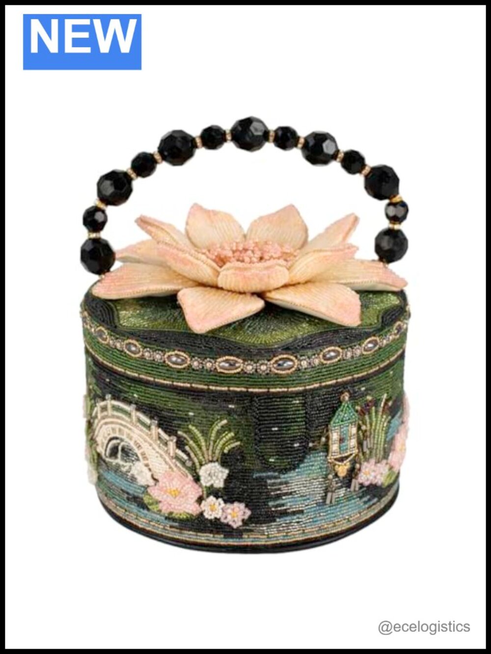 Hand Beaded Floral Lotus Top Handle Purse - Novelty Collectible Evening Bag